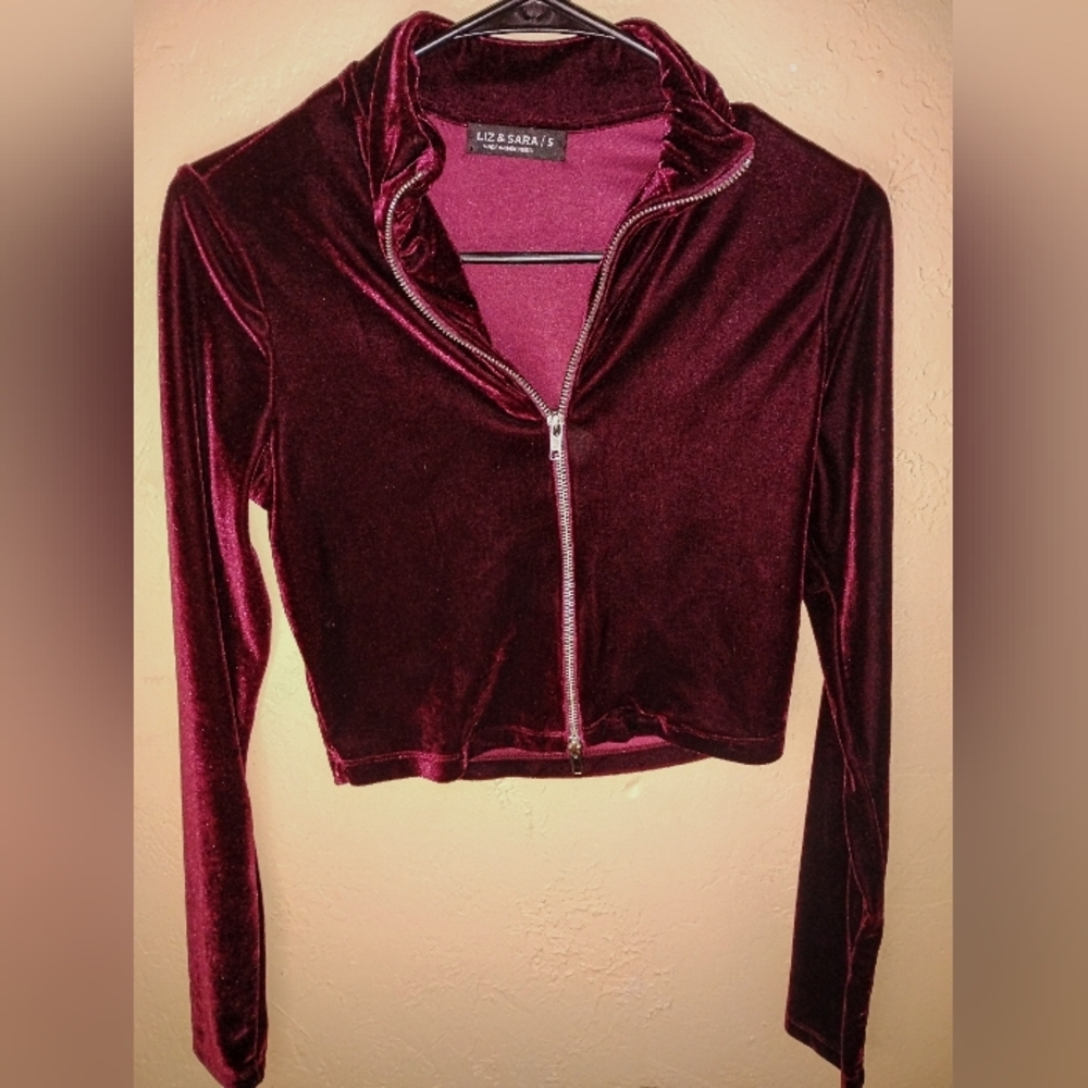 Liz & Sara Burgundy Velvet  Zip-Up Collar Top